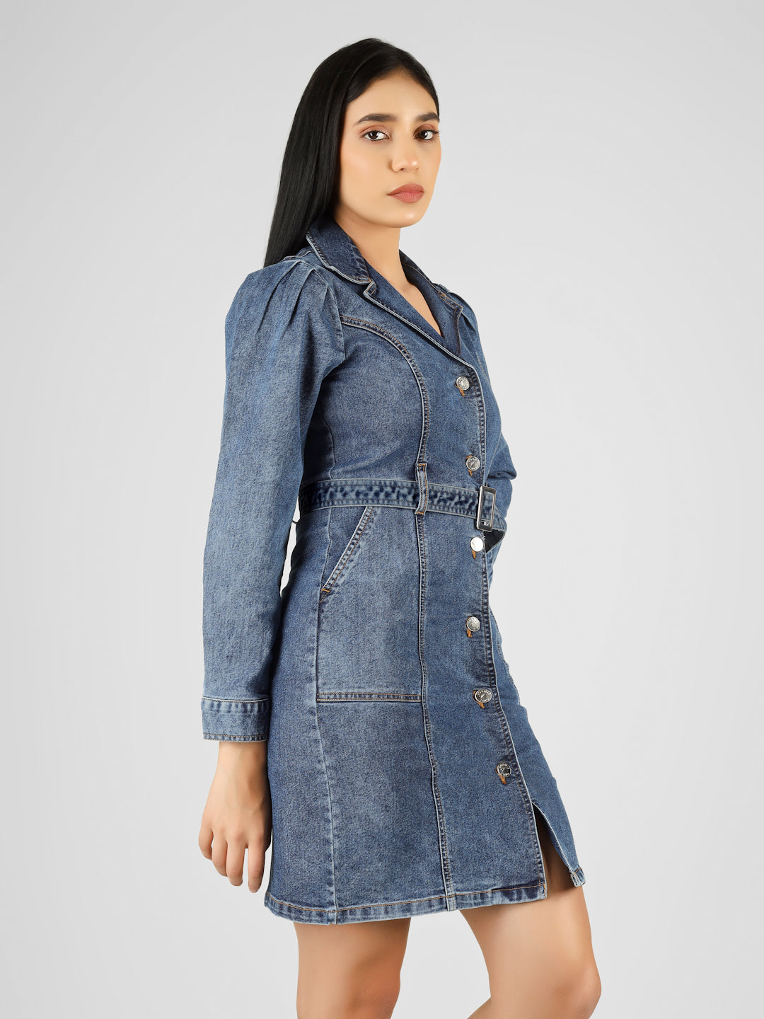Women Blue Solid Denim Bodycon Belted Button-Down Shirt Dress