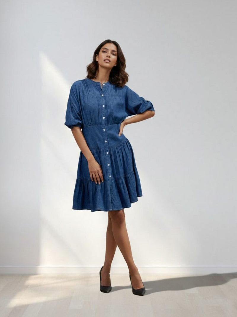 Blue Denim Fit & Flare Dress for Women – Smart Casual Wear