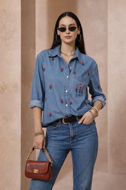 Women Blue Embroidered Denim Shirt