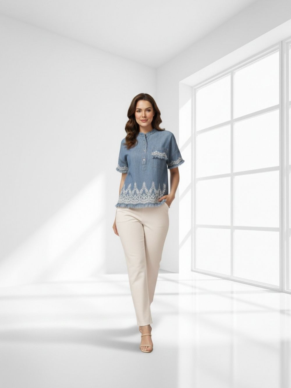 Women Blue Embroidered Denim Shirt