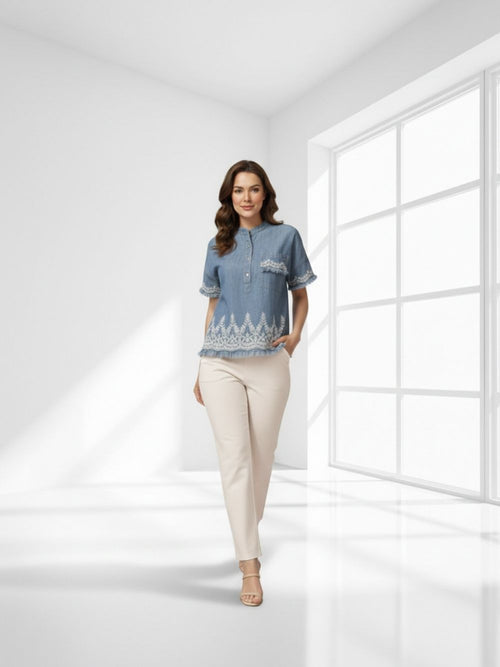 Women Blue Embroidered Denim Shirt