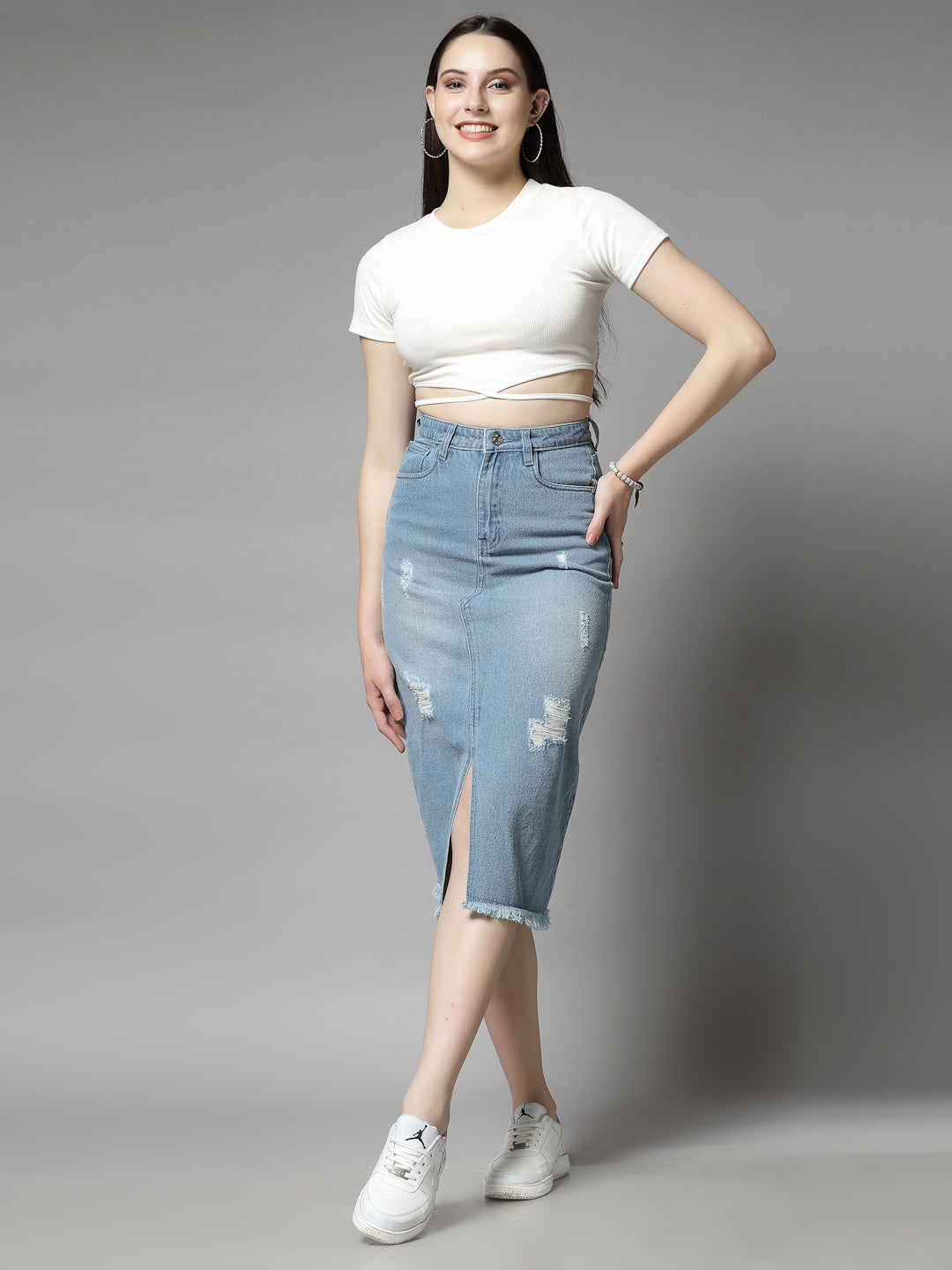 Women’s Knee Length Distressed Denim Skirt