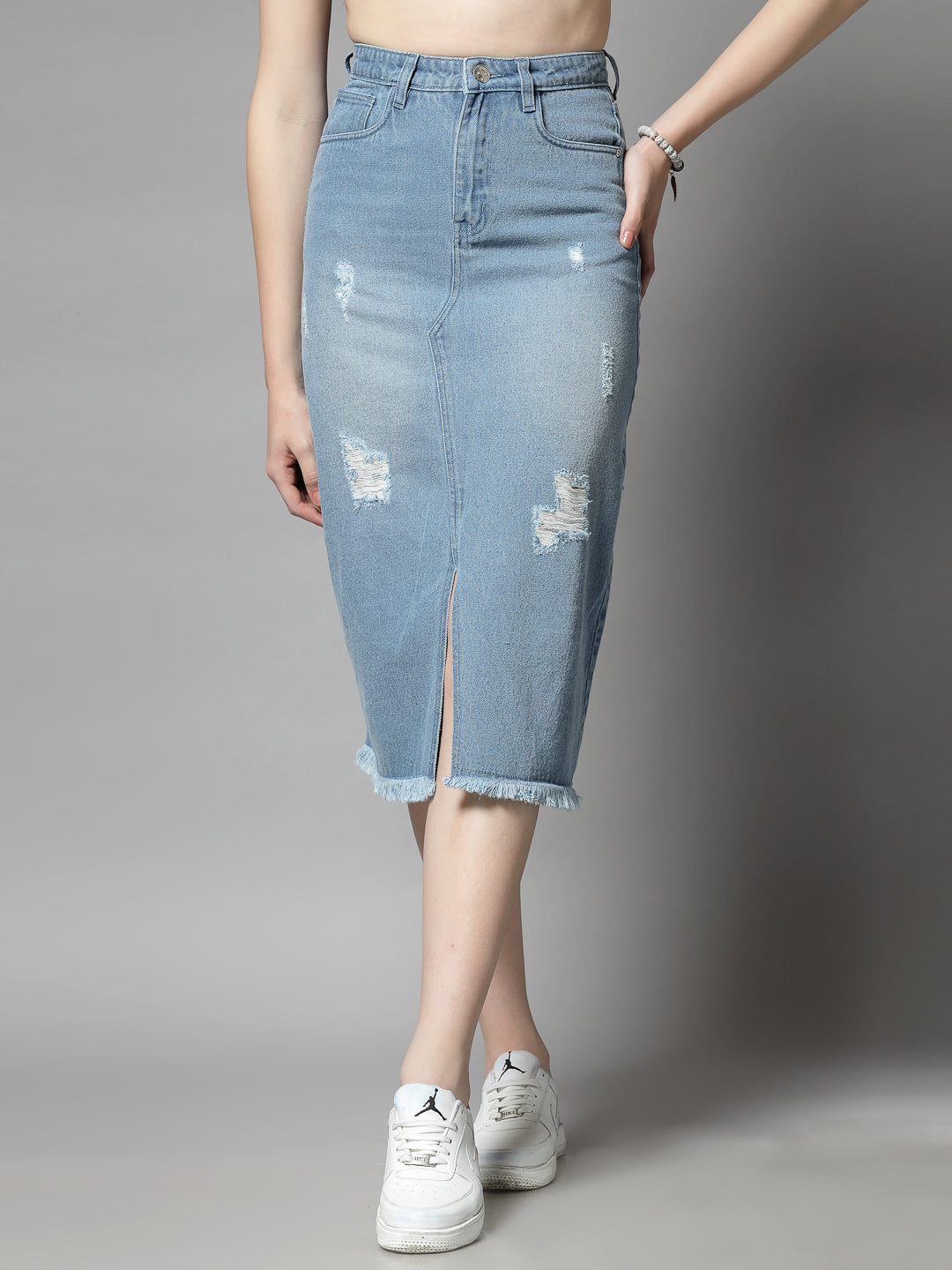 Women s Knee Length Distressed Denim Skirt