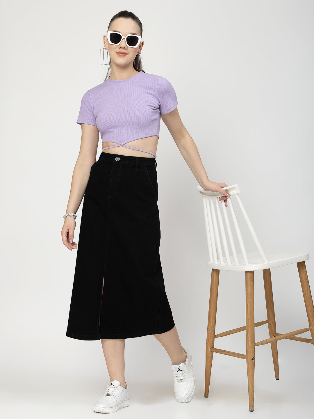 Front Slit Black Cotton Denim Midi Skirt With Pocket - Cosmic Trio