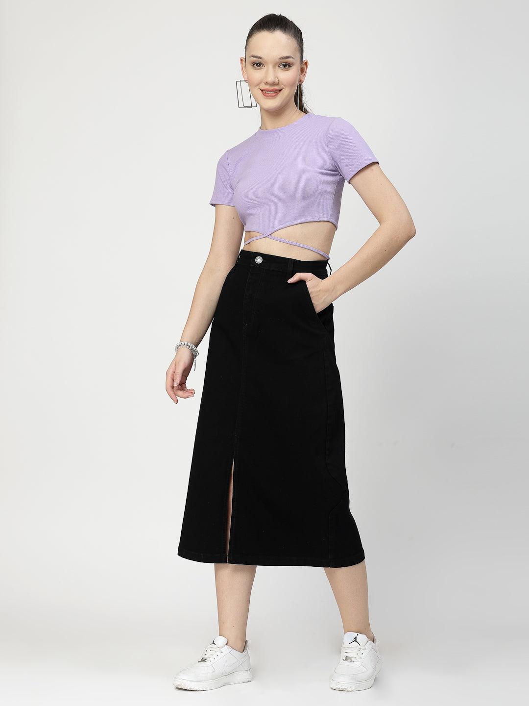 Front Slit Black Cotton Denim Midi Skirt With Pocket - Cosmic Trio