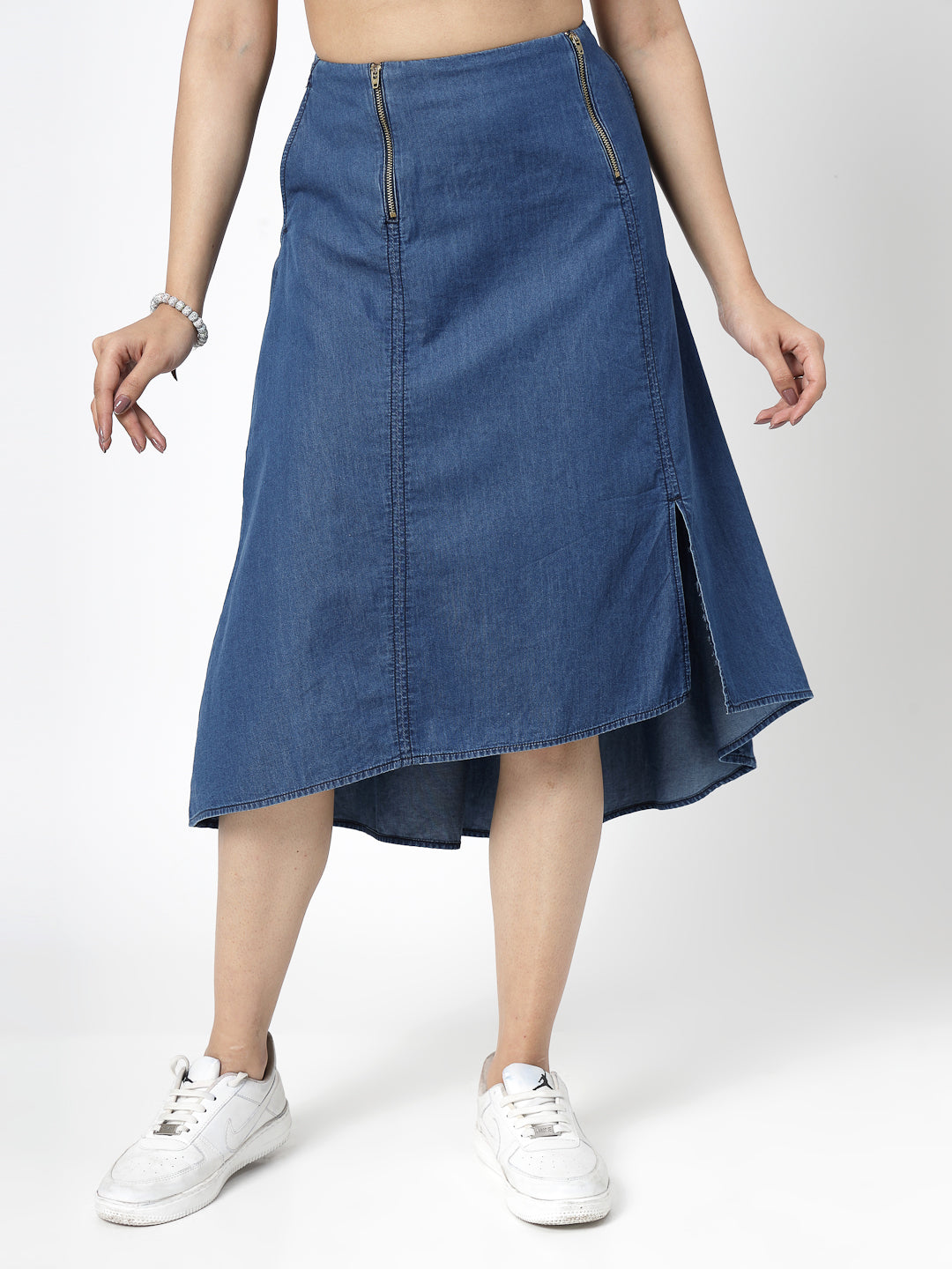 Blue Solid Denim Midi Skirt with Zippers and Waist Smoking