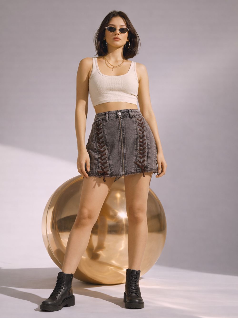 Charcoal Black High-Rise Fit & Flare Cotton Skirt Women