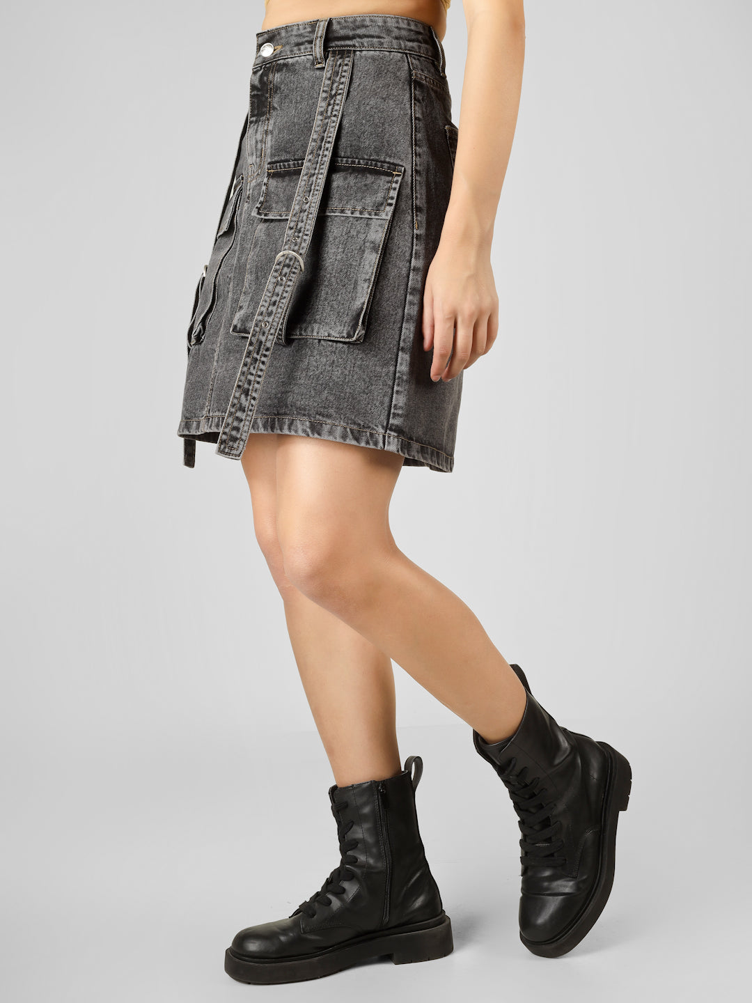 Women’s Washed Grey Denim Cargo Mini Skirt