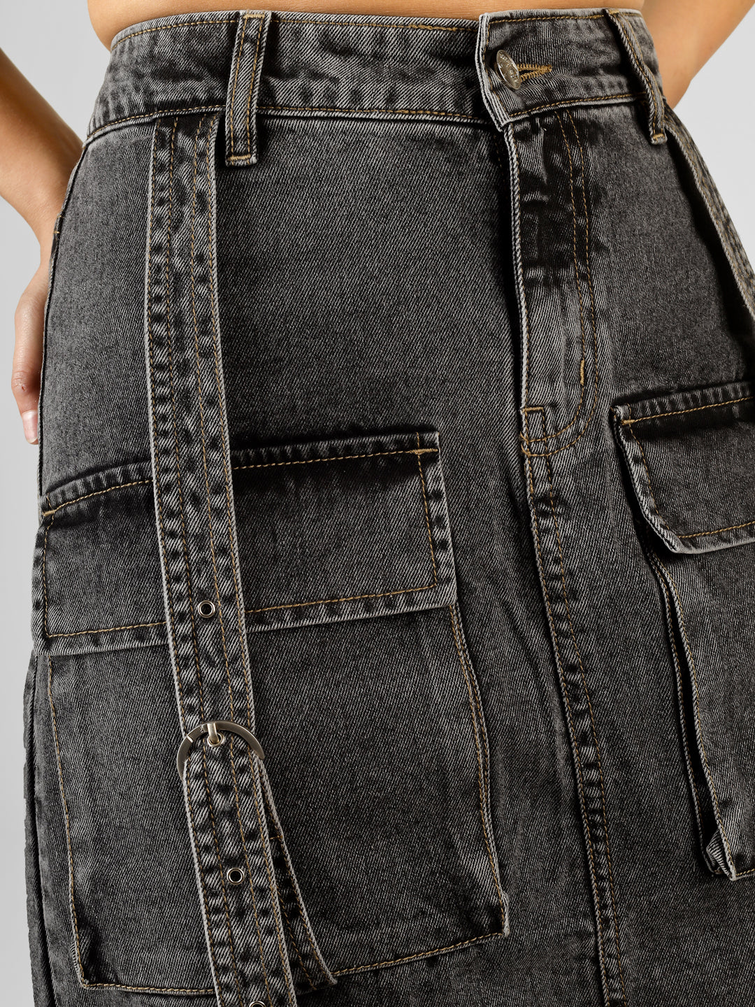 Women’s Washed Grey Denim Cargo Mini Skirt