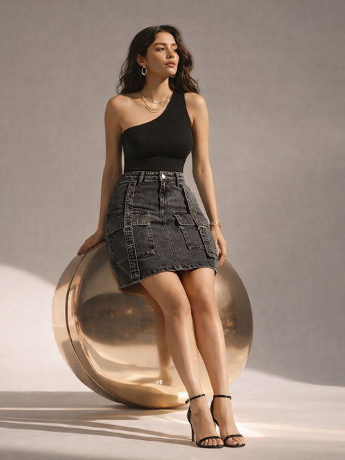 Women’s Washed Grey Denim Cargo Mini Skirt
