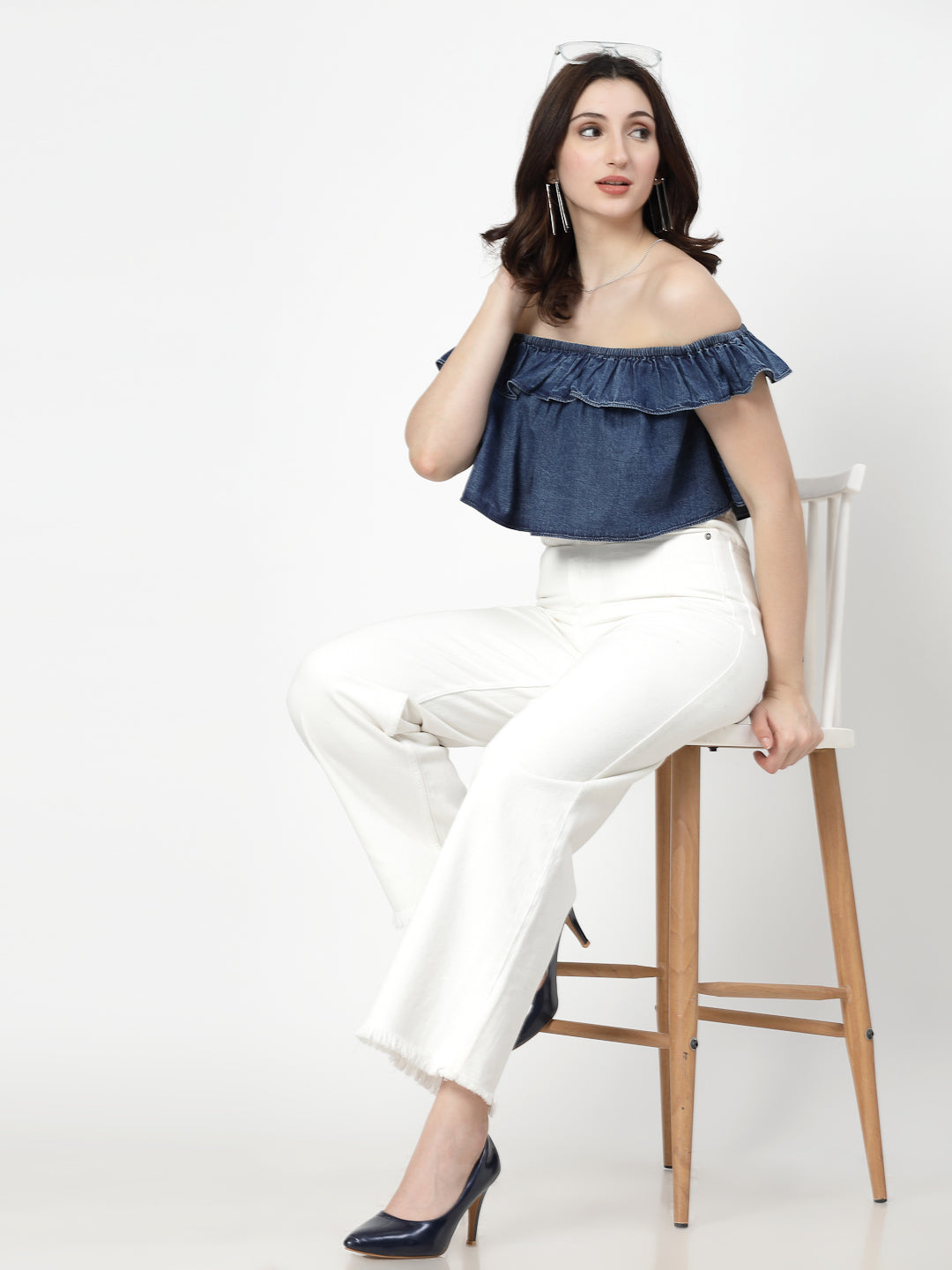 Off Shoulder Dark Indigo Crop Top With Frills