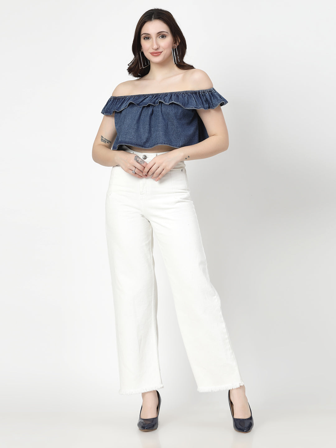 Off Shoulder Dark Indigo Crop Top With Frills