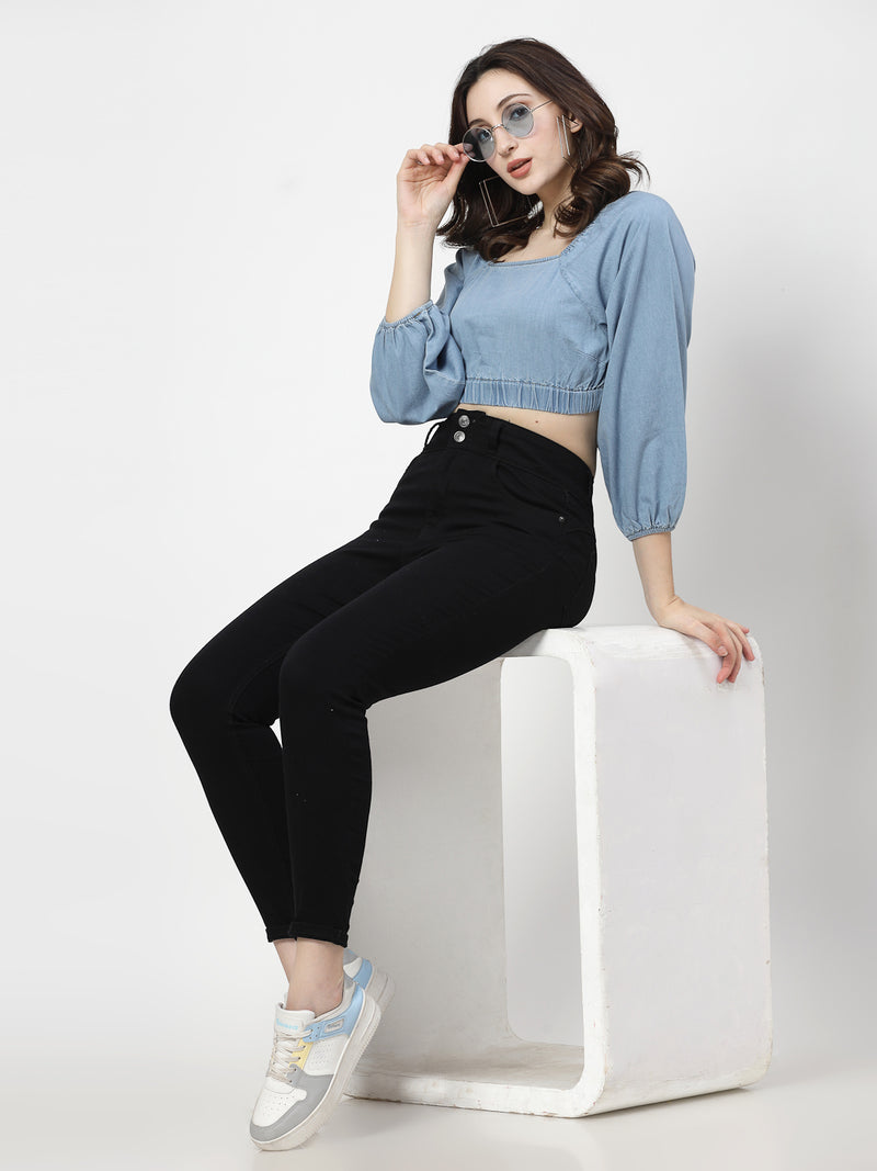 Light Indigo Denim Crop Top With Full Sleeves - Cosmic Trio