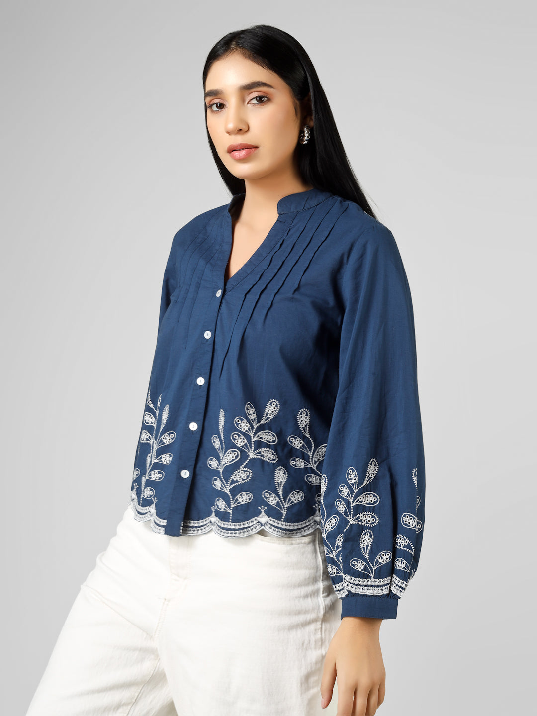 Blue Embroidered Long Sleeve Button-Down Top Women