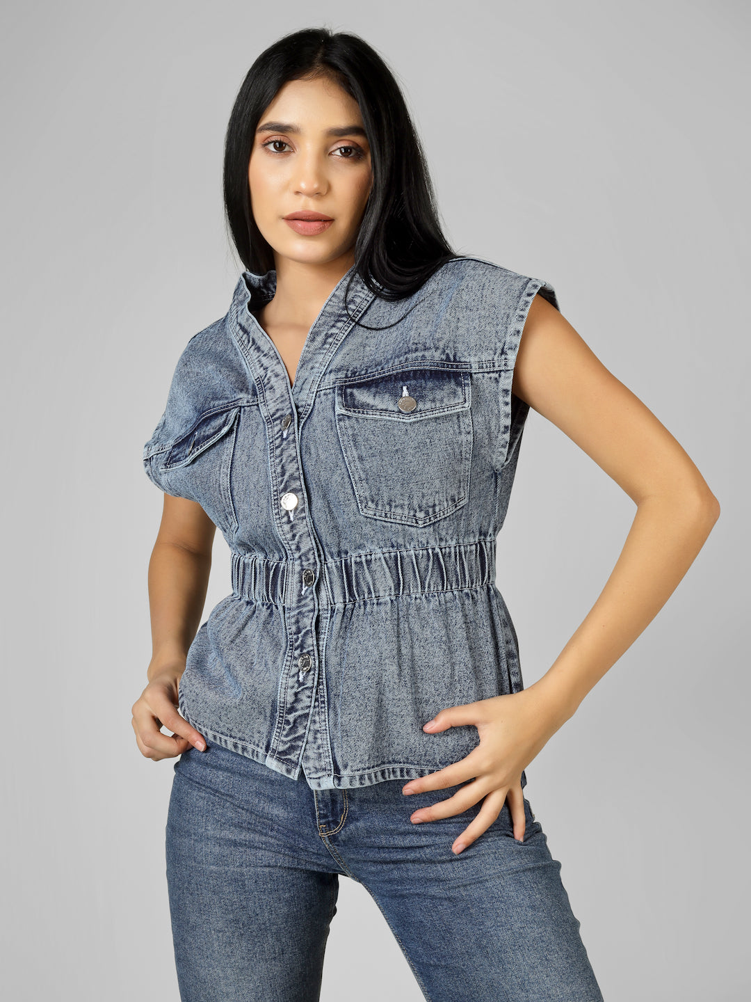 Blue Washed Sleeveless Button-Down Peplum Denim Top for Women