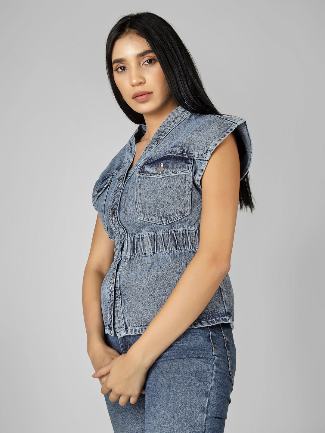 Blue Washed Sleeveless Button-Down Peplum Denim Top for Women