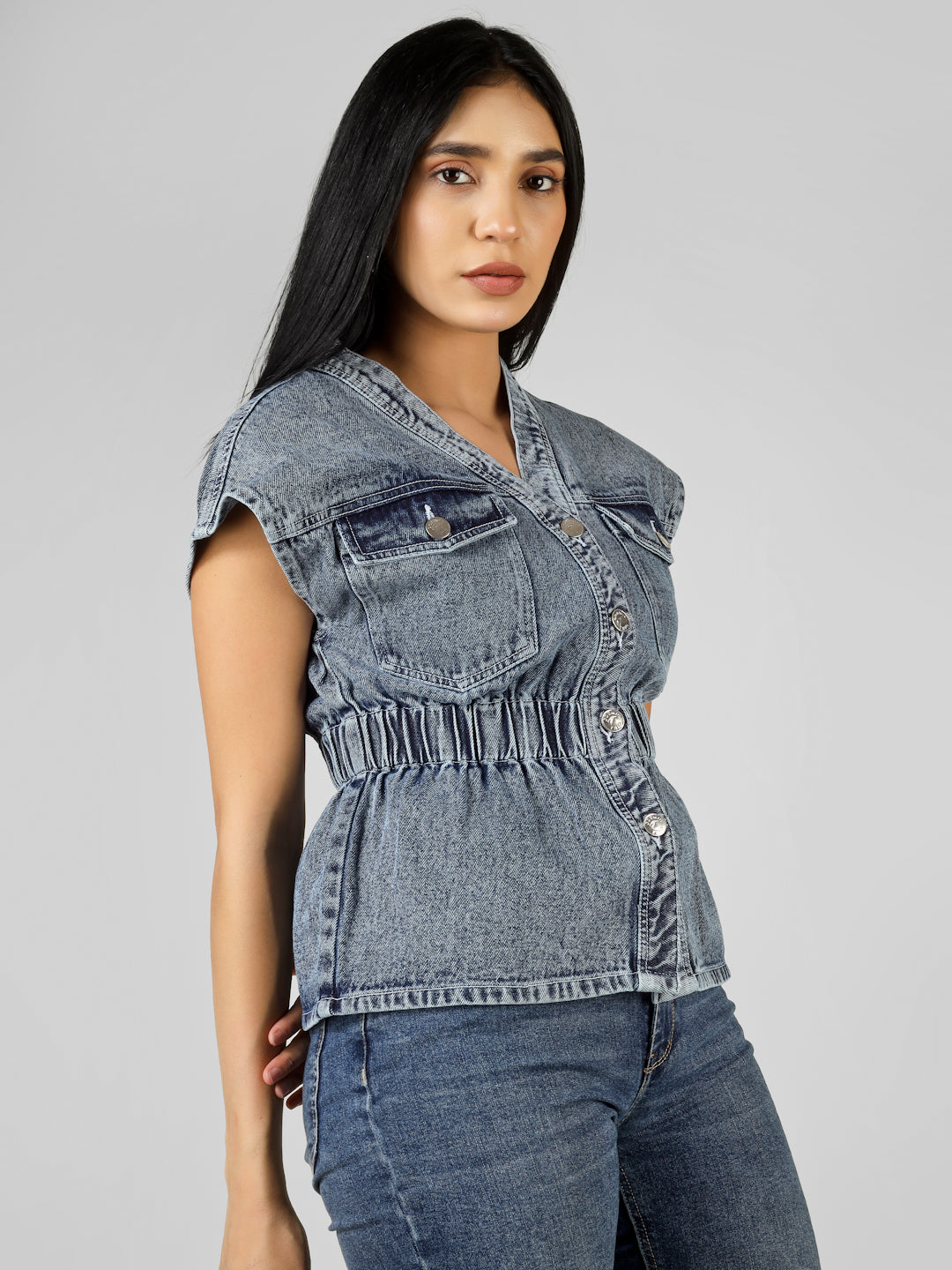Blue Washed Sleeveless Button-Down Peplum Denim Top for Women
