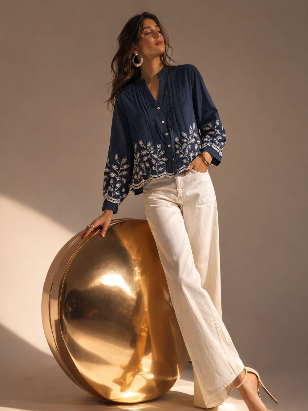Blue Embroidered Long Sleeve Button-Down Top Women