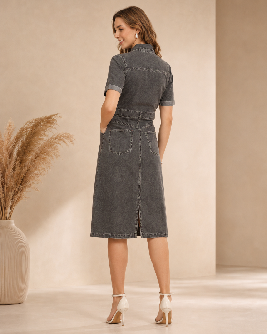 Grey Shaded Denim Shirt Dress for Women with Utility Pockets