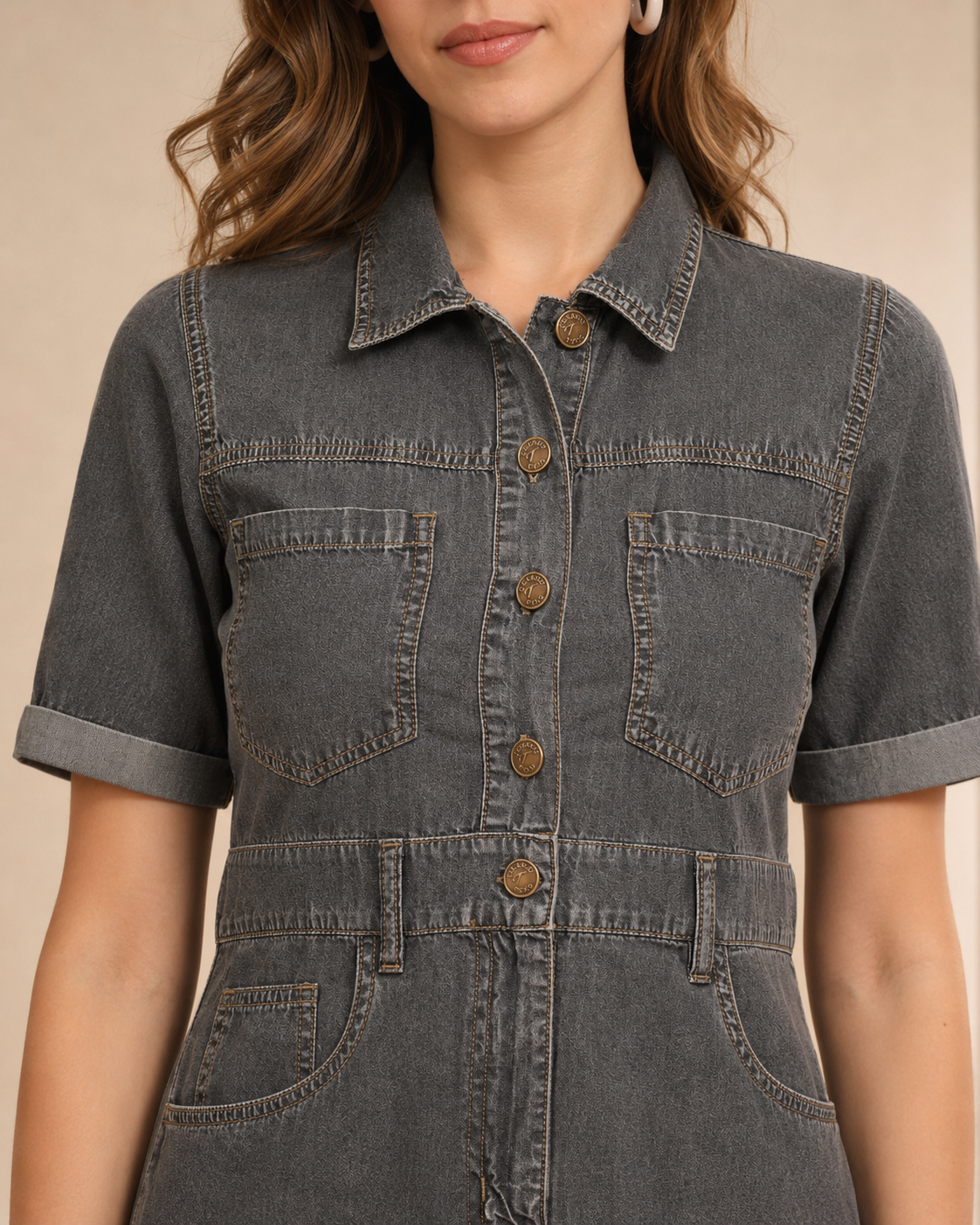 Grey Shaded Denim Shirt Dress for Women with Utility Pockets