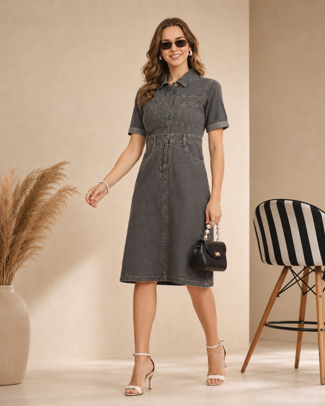 Grey Shaded Denim Shirt Dress for Women with Utility Pockets