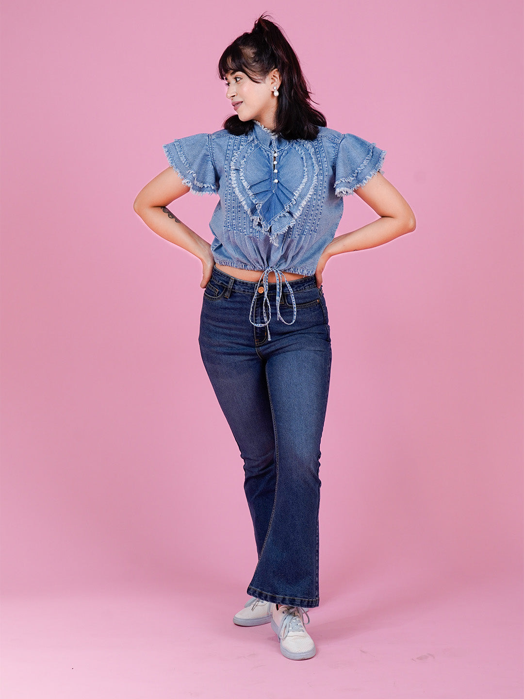 Denim Ruffle Top with Button Closure & Drawstring - Cosmic Trio