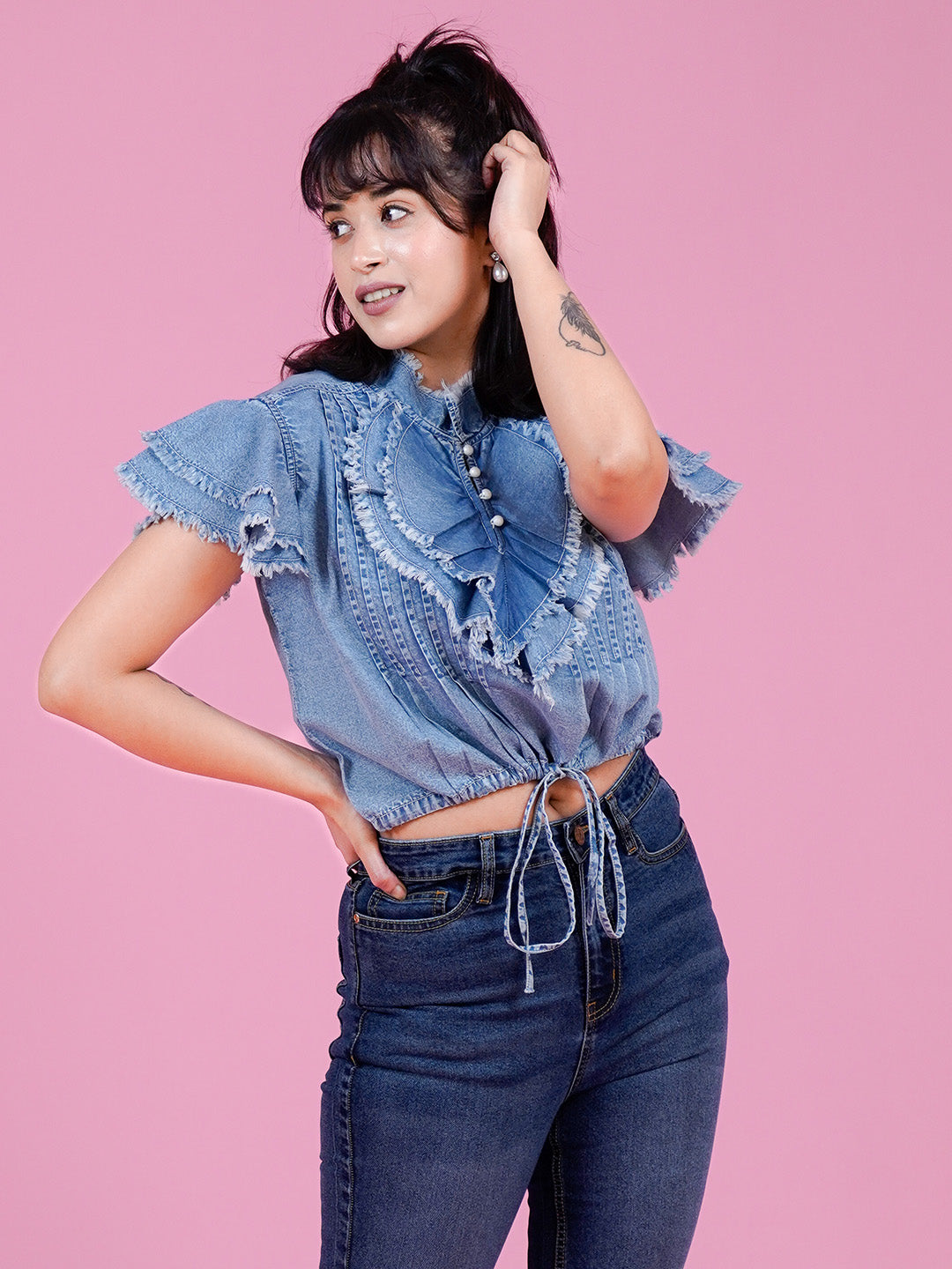 Denim Ruffle Top with Button Closure & Drawstring - Cosmic Trio