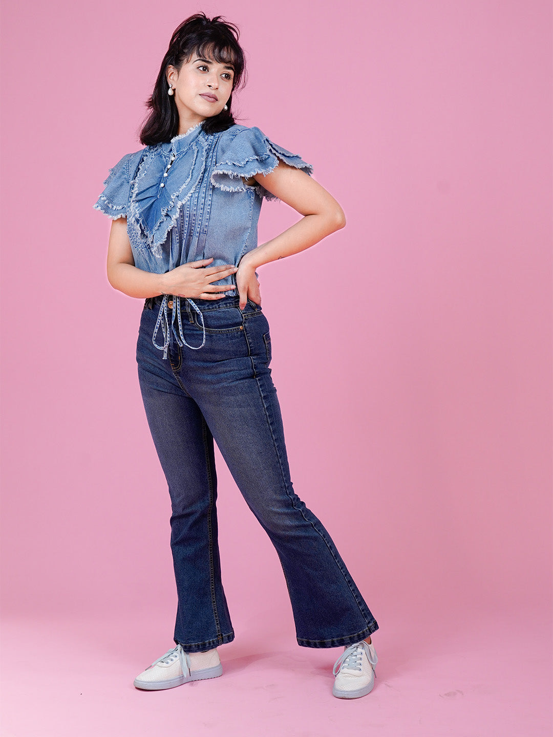 Denim Ruffle Top with Button Closure & Drawstring - Cosmic Trio