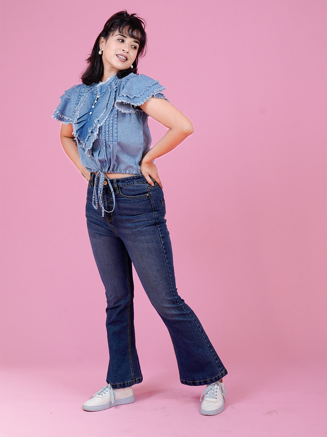 Denim Ruffle Top with Button Closure & Drawstring - Cosmic Trio