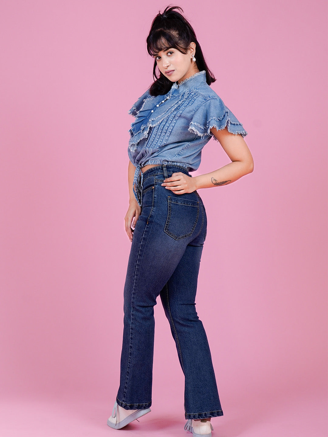 Denim Ruffle Top with Button Closure & Drawstring - Cosmic Trio