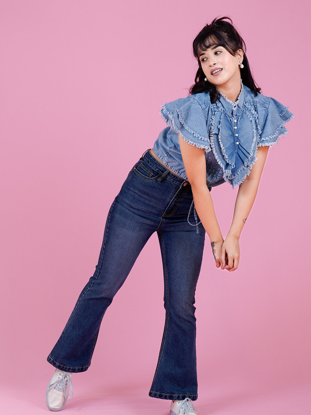 Denim Ruffle Top with Button Closure & Drawstring - Cosmic Trio