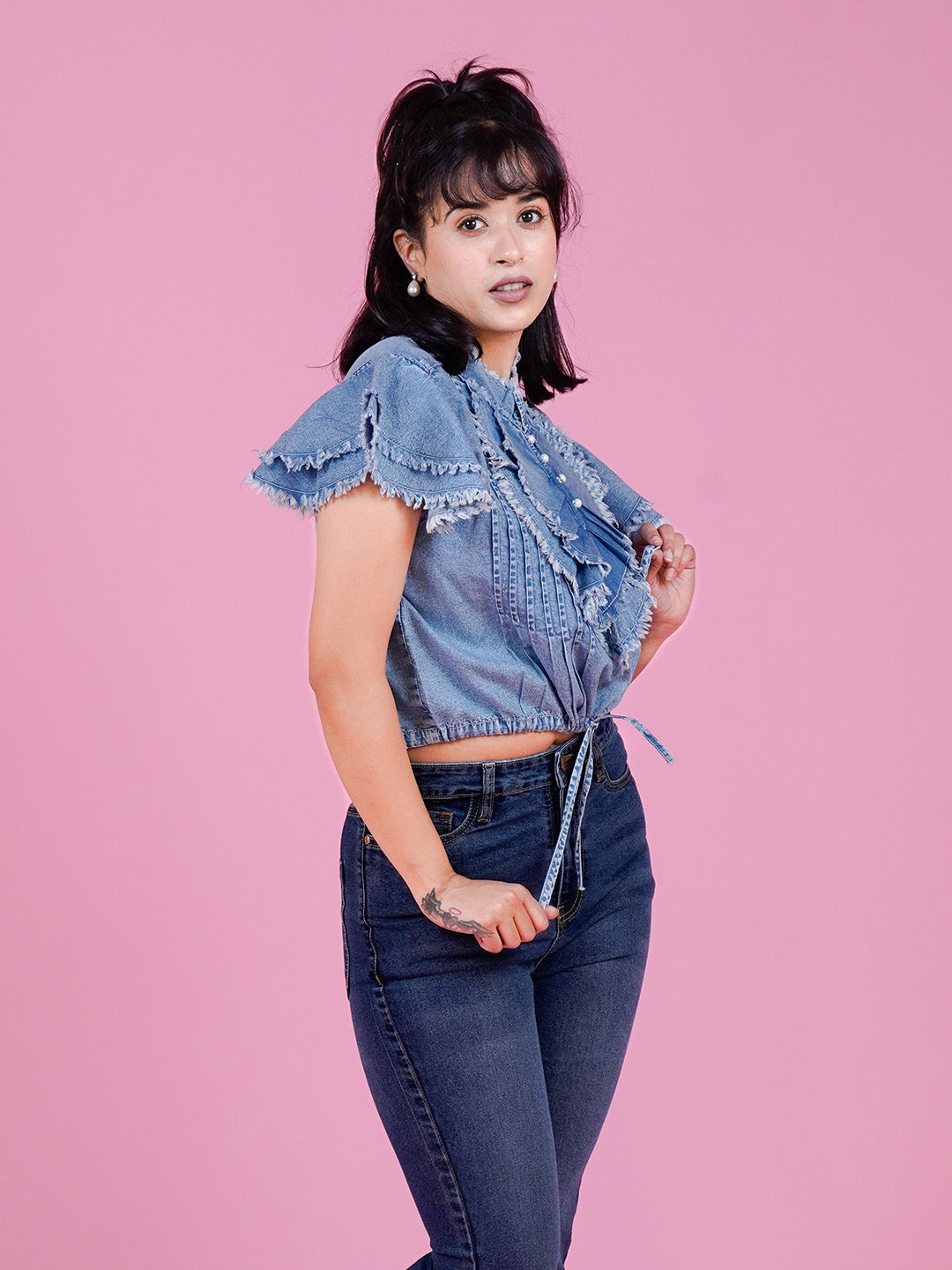 Denim Ruffle Top with Button Closure & Drawstring - Cosmic Trio