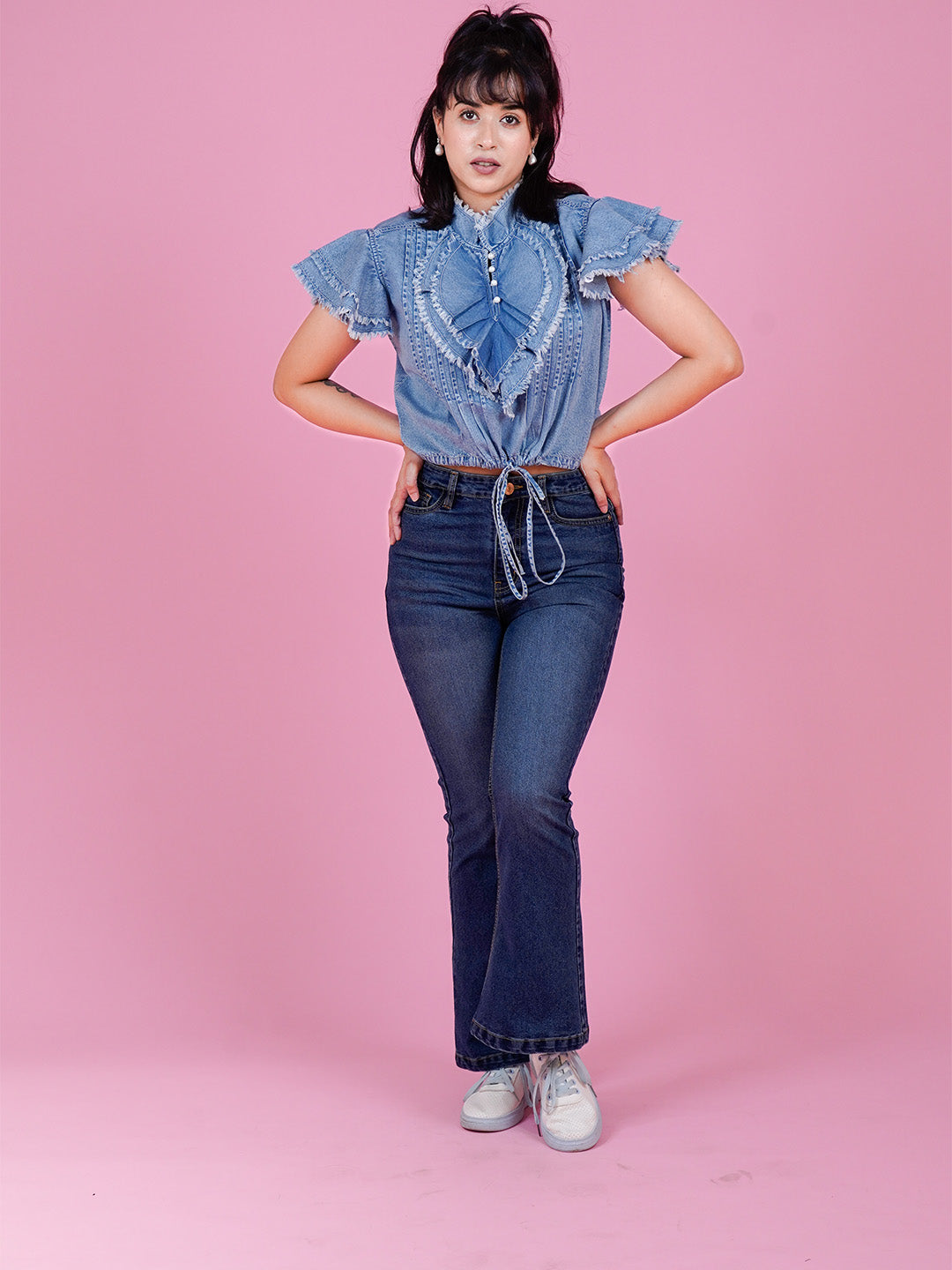 Denim Ruffle Top with Button Closure & Drawstring - Cosmic Trio