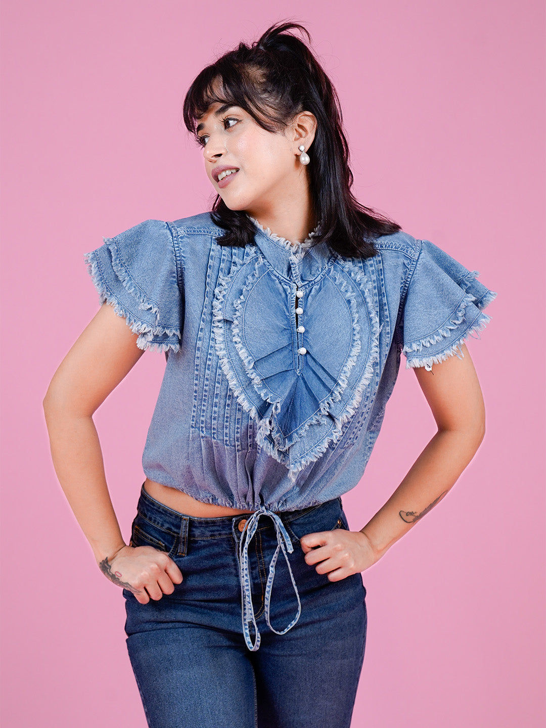 Denim Ruffle Top with Button Closure & Drawstring - Cosmic Trio