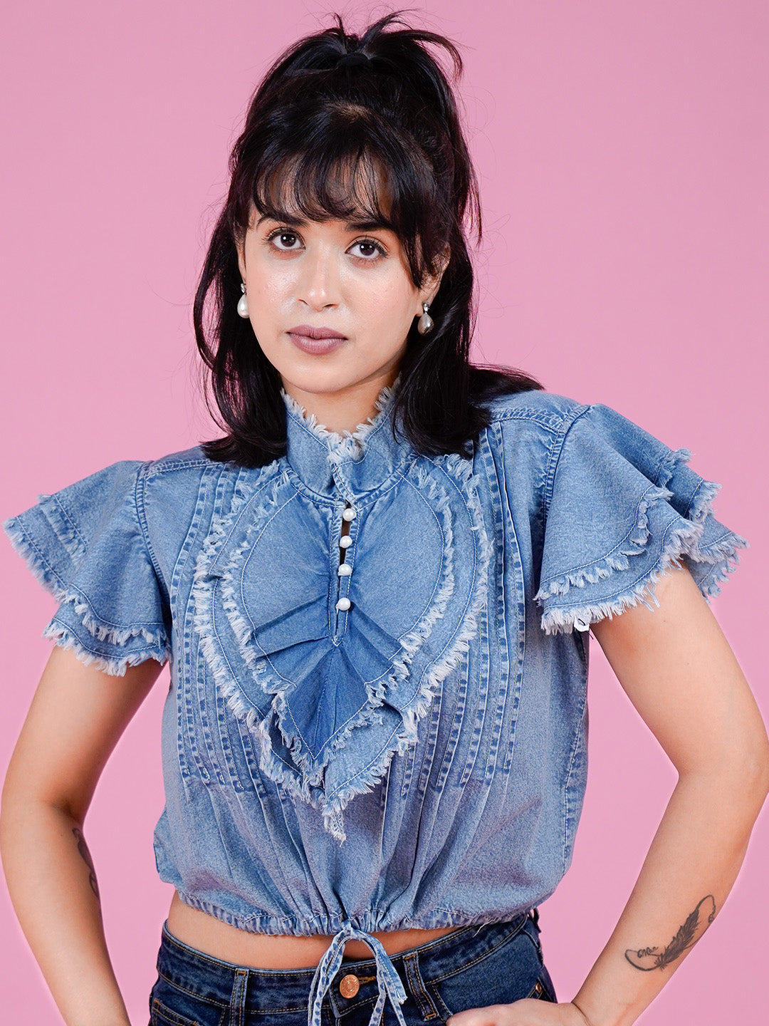 Denim Ruffle Top with Button Closure & Drawstring - Cosmic Trio