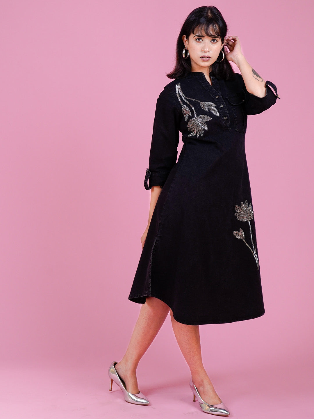 Black Embroidered Denim Midi Dress - Cosmic Trio