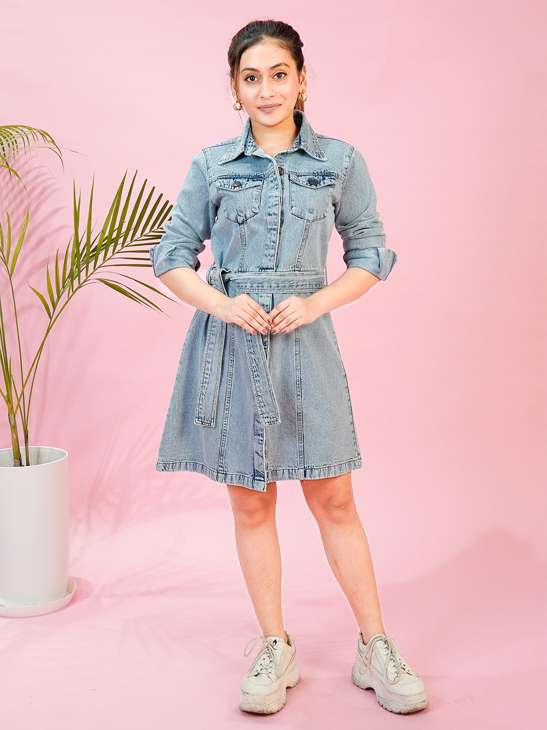 Light Blue Short Denim Dress with Flap Pocket - Cosmic Trio