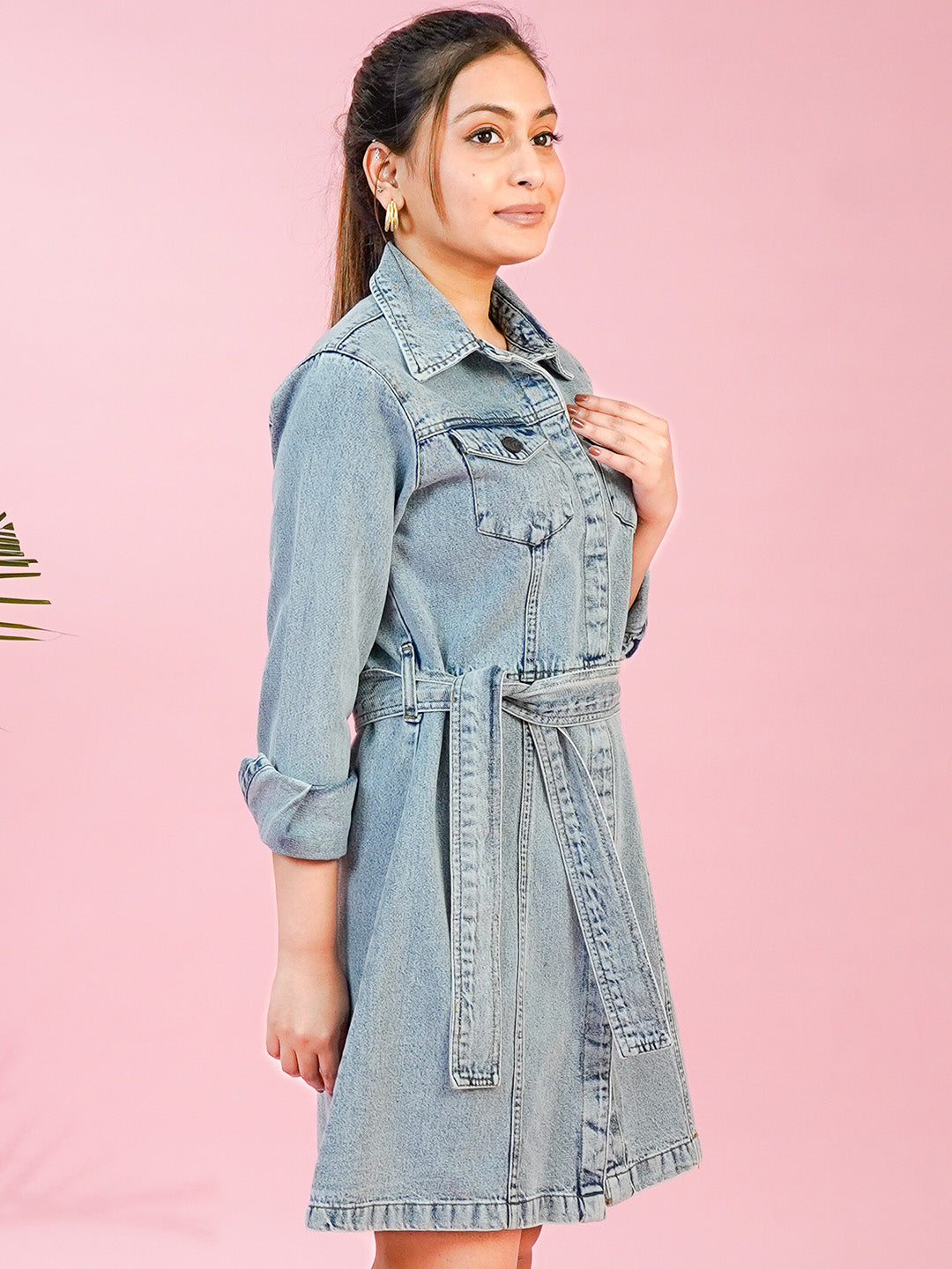 Light Blue Short Denim Dress with Flap Pocket - Cosmic Trio