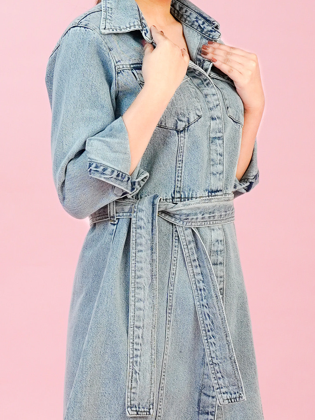 Light Blue Short Denim Dress with Flap Pocket - Cosmic Trio