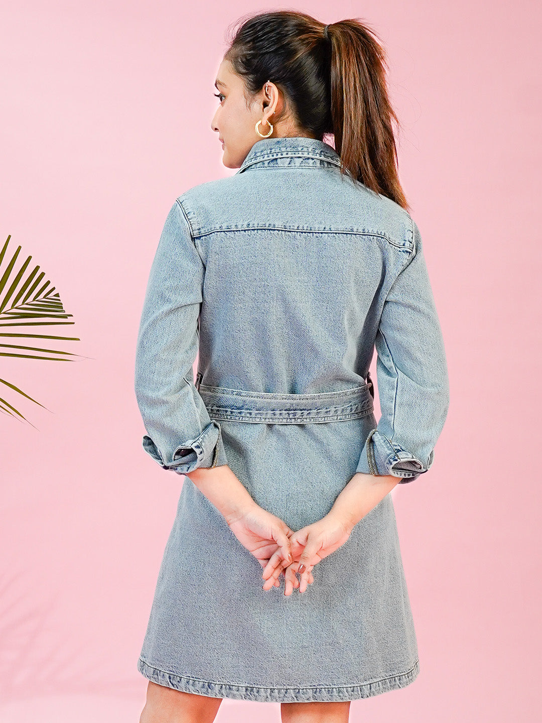 Light Blue Short Denim Dress with Flap Pocket - Cosmic Trio