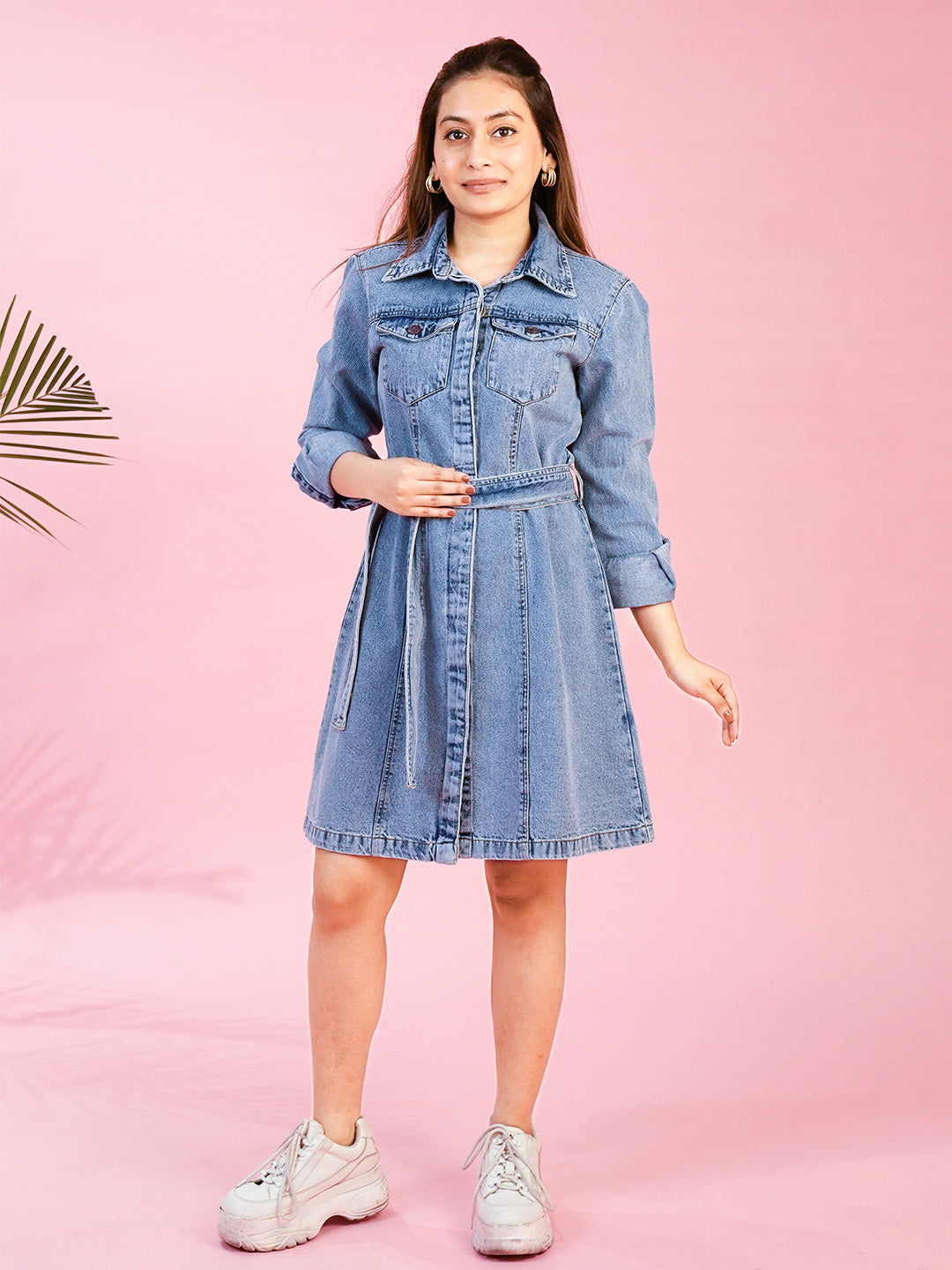 Mid Blue Short Denim Dress with Flap Pockets - Cosmic Trio