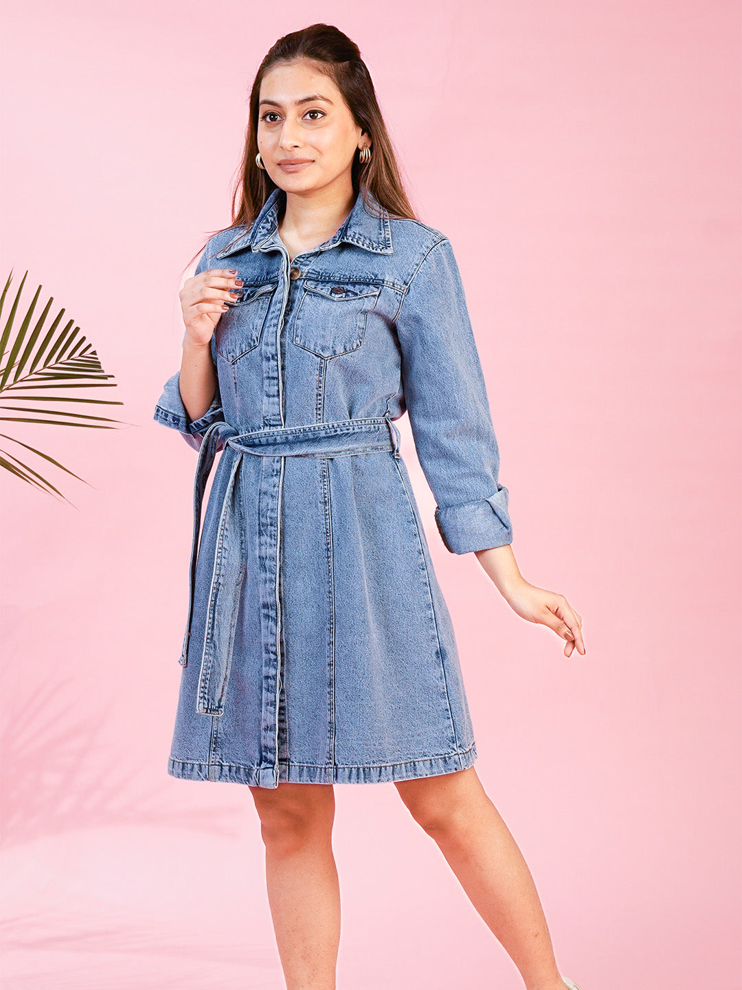 Mid Blue Short Denim Dress with Flap Pockets - Cosmic Trio