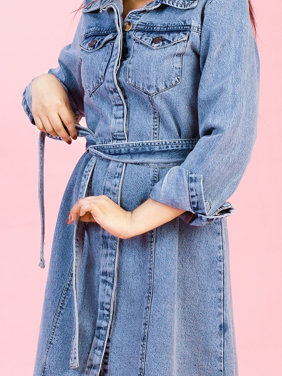 Mid Blue Short Denim Dress with Flap Pockets - Cosmic Trio