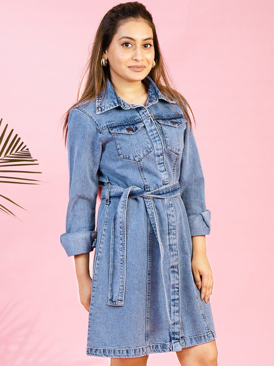 Mid Blue Short Denim Dress with Flap Pockets - Cosmic Trio