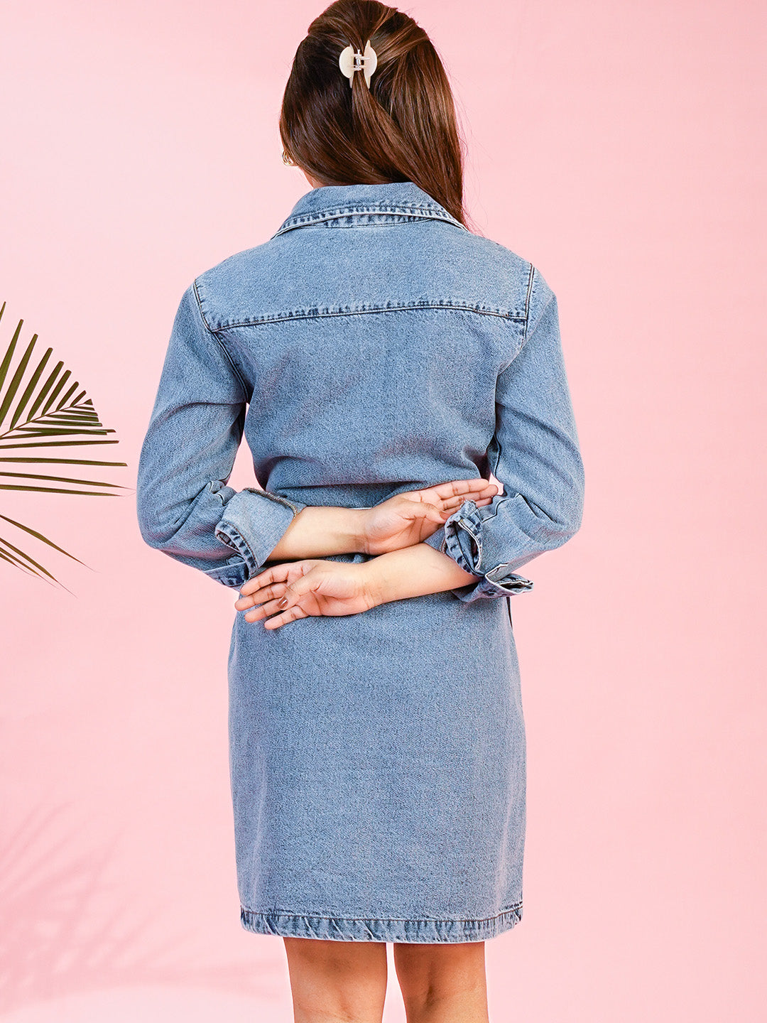 Mid Blue Short Denim Dress with Flap Pockets - Cosmic Trio