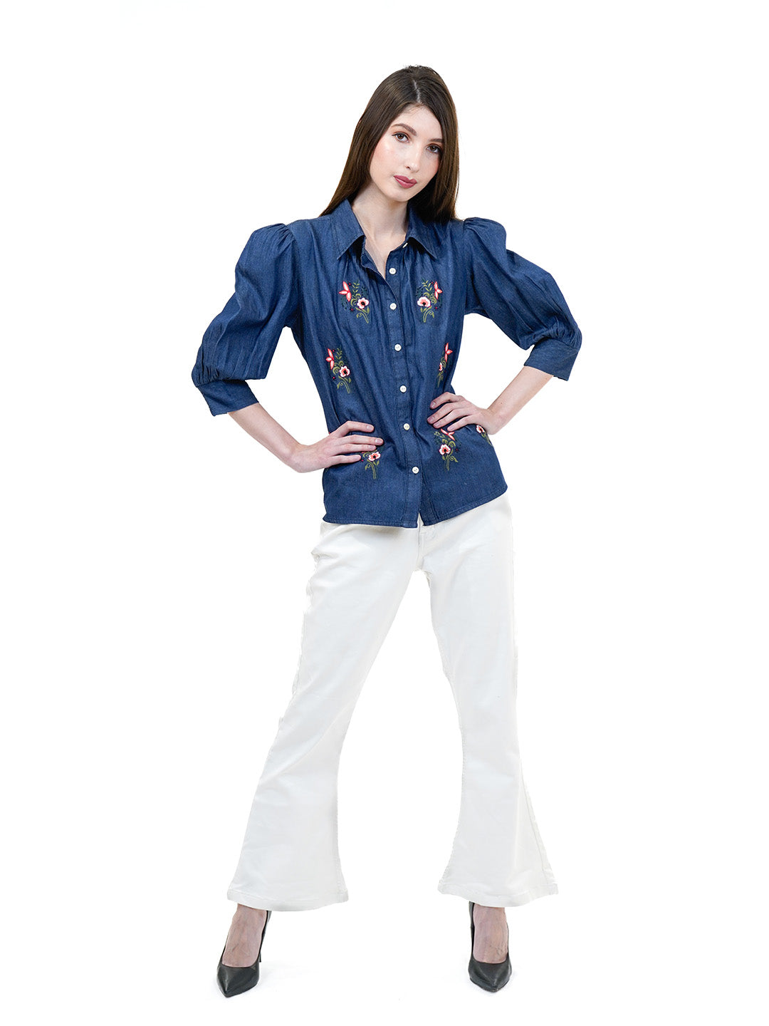 Blue Embroidered Denim Shirt With Cuff Sleeves - Cosmic Trio