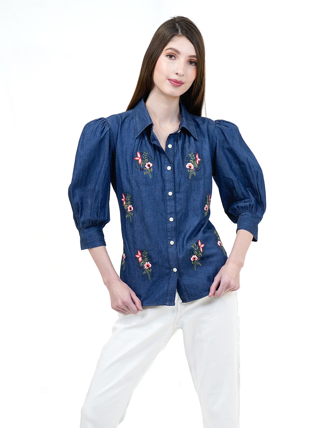 Blue Embroidered Denim Shirt With Cuff Sleeves - Cosmic Trio