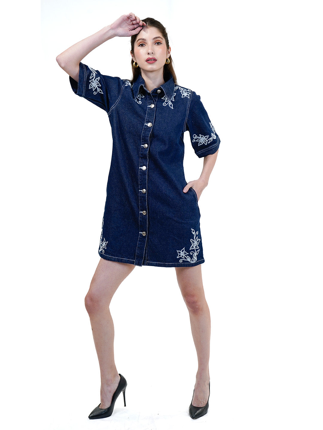 Dark Indigo Embroidered Carmen Short Dress - Cosmic Trio