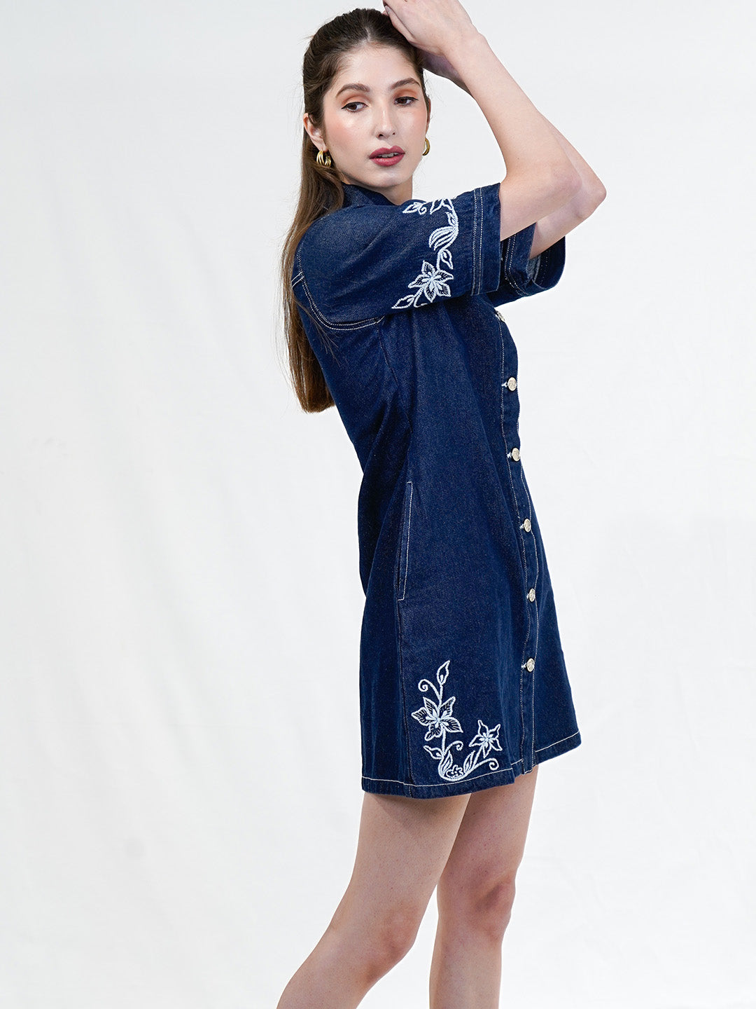 Dark Indigo Embroidered Carmen Short Dress - Cosmic Trio