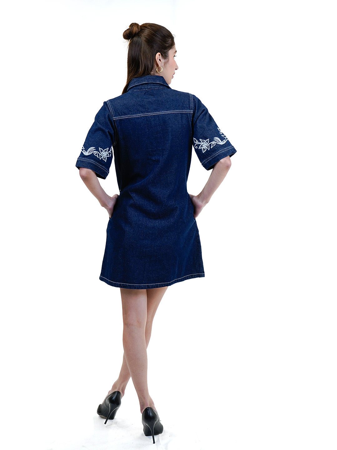 Dark Indigo Embroidered Carmen Short Dress - Cosmic Trio